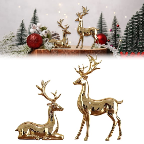 Christmas Reindeer Decor, Standing Sitting Deer Figurine, 2pcs Reindeer Sculpture Gold Resin Christmas Elk Statues Christmas Table Decoration for Home Office Room Indoor Xmas Rustic Table Decor