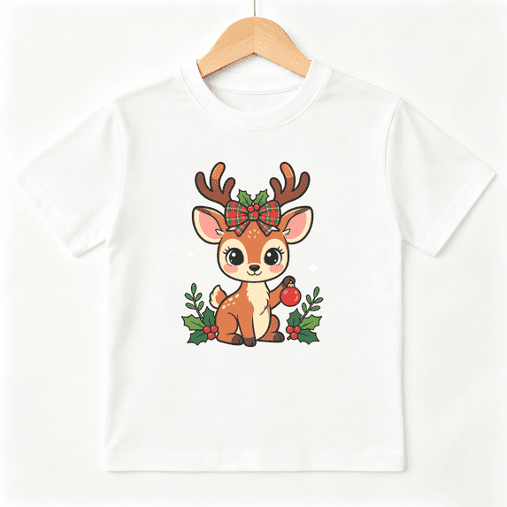 Christmas Reindeer Deer Girls Graphic Tee, Cute Holiday Red 100% Cotton Kids Short Sleeve T-Shirt