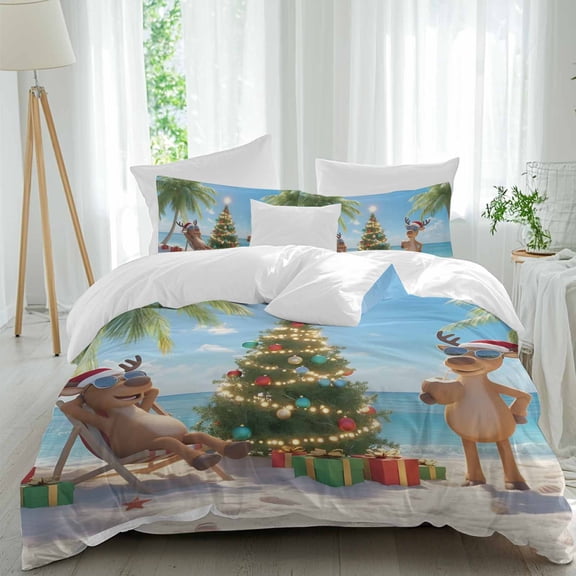 Christmas Reindeer Duvet Cover Set Twin Size, Xmas Tree Reindeers Basking in The Sun on Beach 4 Piece Bedding Set with Zipper Closure & Corner Ties Soft Breathable Comforter Cover for Bedroom