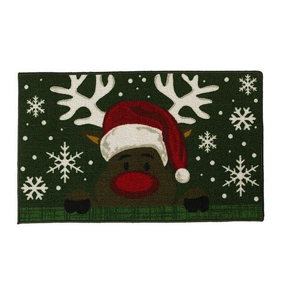 Christmas Reindeer Face Decorative Accent Rug, Polyester Front with Anti-Slip Latex Backing, 17 x 28 Inches Rectangle