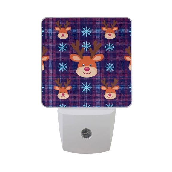 Christmas Reindeer Faces Snowflakes Purple Plaids LED Night Light Sensor Lamp Plug-in Adjustable Brightness 2 Pack