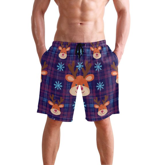 Christmas Reindeer Faces Snowflakes Purple Plaids Men's Swim Trunks Beach Shorts Bathing Bottoms XL