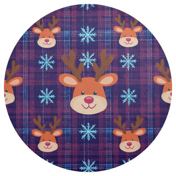 Christmas Reindeer Faces Snowflakes Purple Plaids PVC Round Grid Placemat Table Mat 1 Pc 15.4" x 15.4"