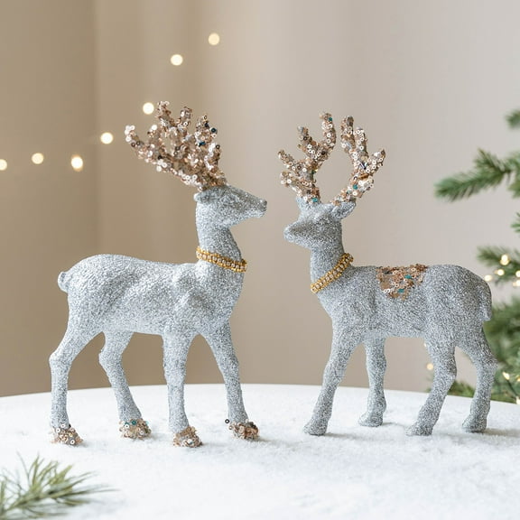 Christmas Reindeer Figures Verdsylv 2 Pcs Glitter Christmas Reindeer Figures, Festive Family Holiday Ornaments for Tabletop Decor and Window Display Scene, Family Holiday Ornaments, Silver