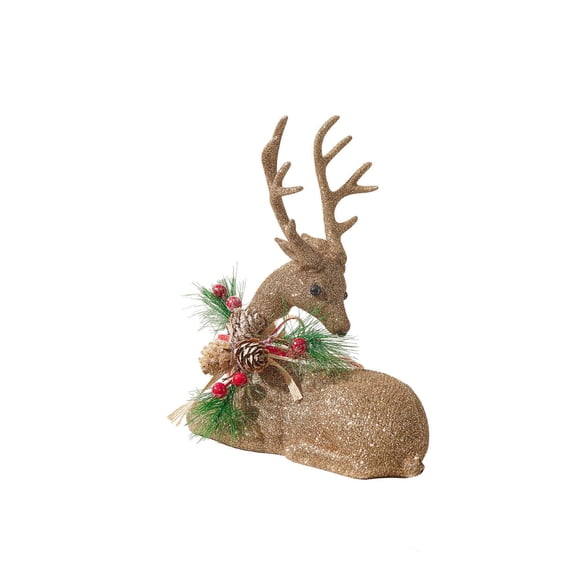 Christmas Reindeer Figurine, 13.8 x 9.8 x 3.5 in Cast Polymer Tabletop Decor with Berries