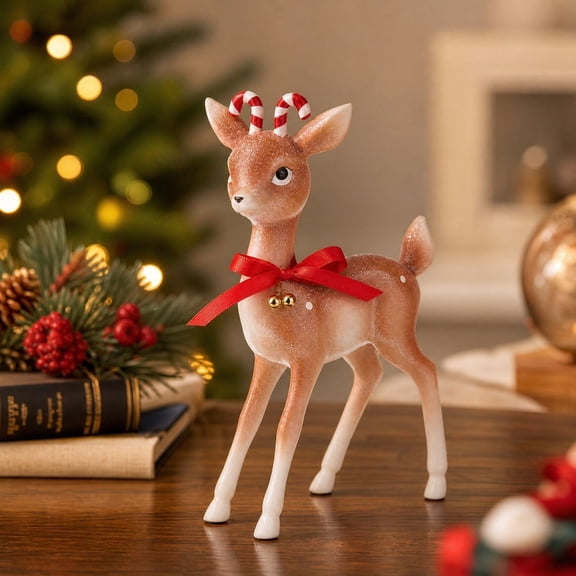 Christmas Reindeer Figurine - Vintage Resin Holiday Tabletop Decoration with Candy Cane Antlers, Satin Bow, and Golden Bells - Perfect for Mantel, Shelf, or Coffee Table Decor