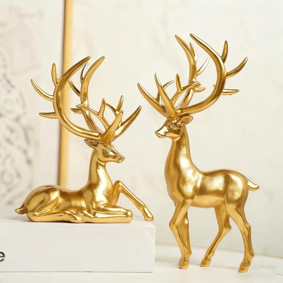 Christmas Reindeer Figurines 2 Pcs Resin Couple Deer Sculptures Mini Xmas Deer Statue Animals Table Centerpiece for Home Living Room Office Decorations