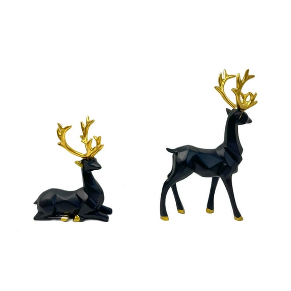 Christmas Reindeer Figurines, 2PCS 3D Geometric Elk Resin Statue Seated Standing Elegant Lucky Deer, Craft Gold Deer Sculpture for Living Room, TV Cabinet,Bedroom, Office Desktop