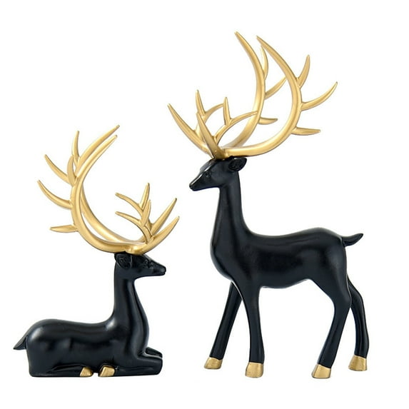 Christmas Reindeer Figurines, 2PCS 3D Geometric Elk Resin Statue Seated Standing Elegant Lucky Deer, Craft Gold Deer Sculpture for Living Room, TV Cabinet,Bedroom, Office Desktop