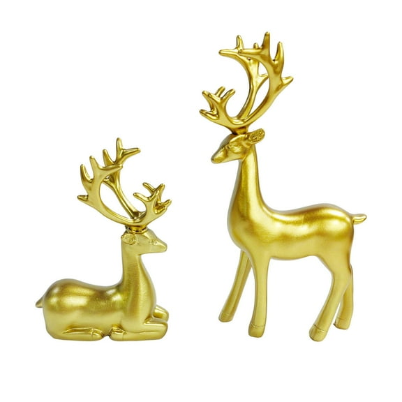 Christmas Reindeer Figurines 2pcs Resin Couple Deer Sculptures Mini Xmas Deer Statue for Home Living Room Office Decor