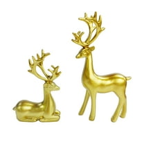 Christmas Reindeer Figurines 2pcs Resin Couple Deer Sculptures Mini Xmas Deer Statue for Home Living Room Office Decor