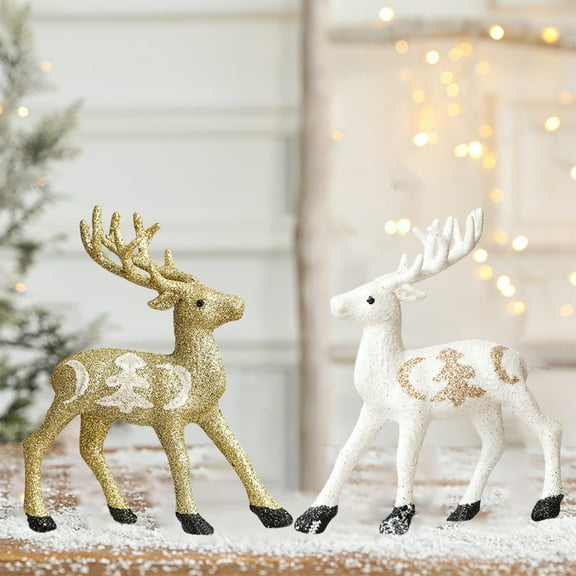 Christmas Reindeer Figurines 5.5x4.3 Inch Plastic Glitter Reindeer Figures with Moon and Christmas Tree Pattern Gold White Standing Deer Statue Artificial Animals Crafts for Tabletop Decor
