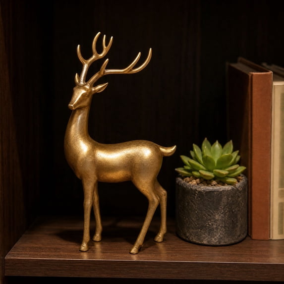 Christmas Reindeer Figurines, Gold Standing Deer Statue, Reindeer Decorations for Christmas Decor Living Room Book Shelf Desk Tabletop Ornament Display