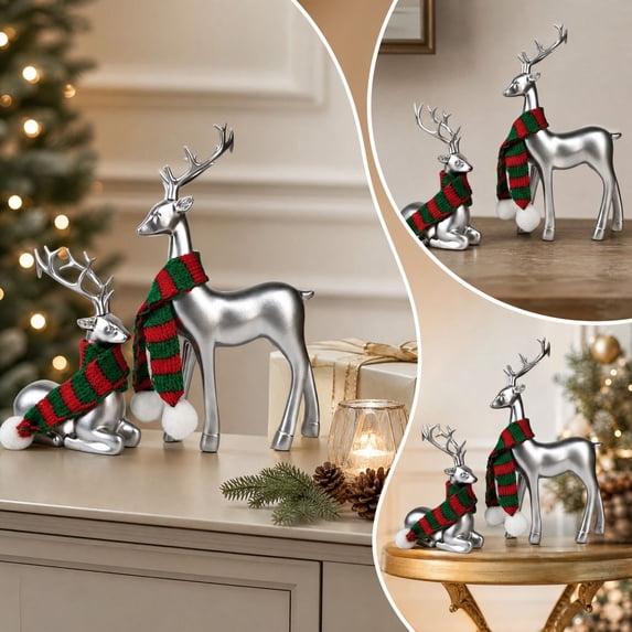 Christmas Reindeer Figurines, Resin Deer Tabletop Decor with Elegant Sculpted Details, Decorative Woodland Accents for Mantel Fireplace Shelf Cabinet and Festive Home Display