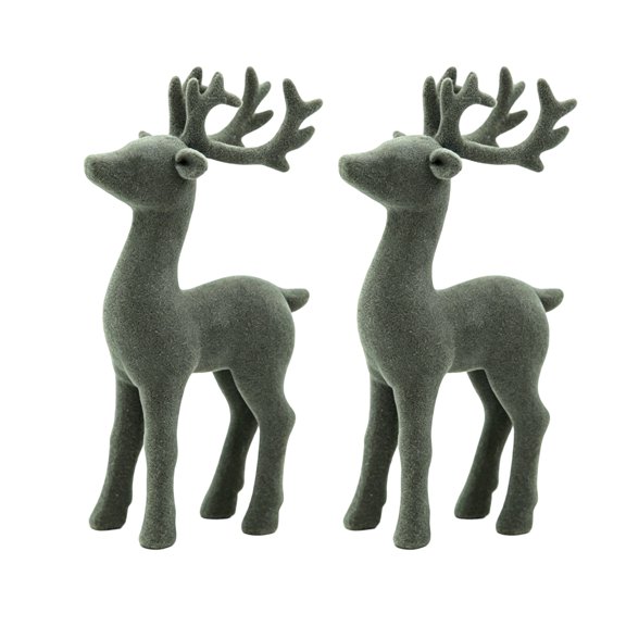 Christmas Reindeer Figurines Set of 2 Gray Velvet-Textured Resin Deer Statues with Freestanding Tabletop Styling for Mantel Shelf Entryway Holiday Decor