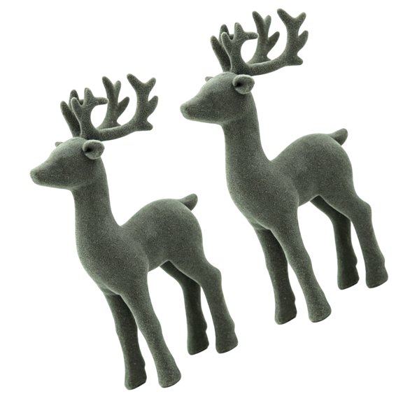 Christmas Reindeer Figurines Set of 2 Gray Velvet-Textured Resin Deer Statues with Freestanding Tabletop Styling for Mantel Shelf Entryway Holiday Decor