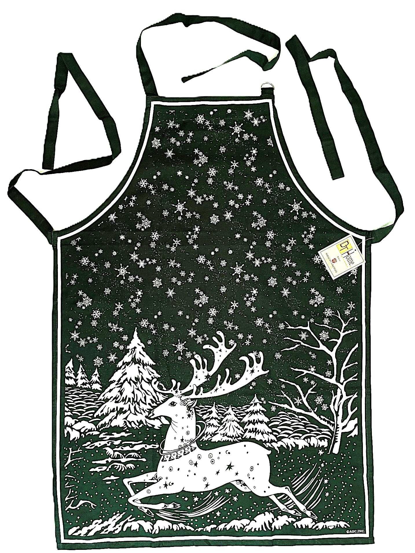 Christmas Reindeer Forest Green Full Bib Apron Cotton Duck Fabric - One Size Fits Most