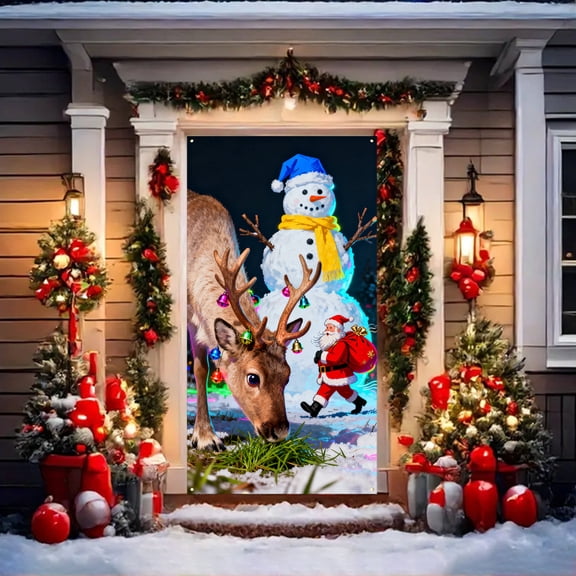 Christmas Reindeer Front Door Cover Decorations, Cute Xmas Deer Decorative Banner Background, Winter Holiday Indoor Outdoor Home Decor 35" x 70" (1PC, F)
