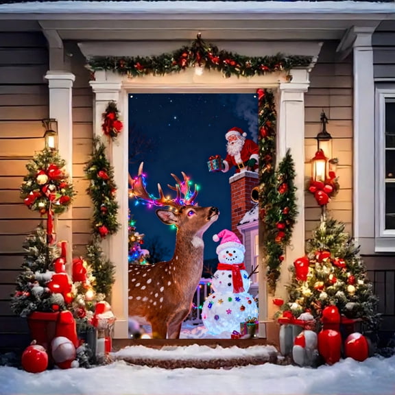 Christmas Reindeer Front Door Cover Decorations, Cute Xmas Deer Decorative Banner Background, Winter Holiday Indoor Outdoor Home Decor 35" x 70" (1PC, H)