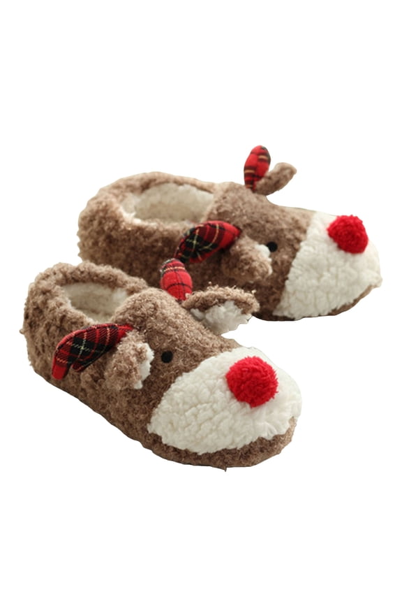 Christmas Reindeer Fuzzy Slippers for Women Cute Animal Shape Holiday Slip on House Shoes Anti-Slip Winter Loafers Brown 7.5