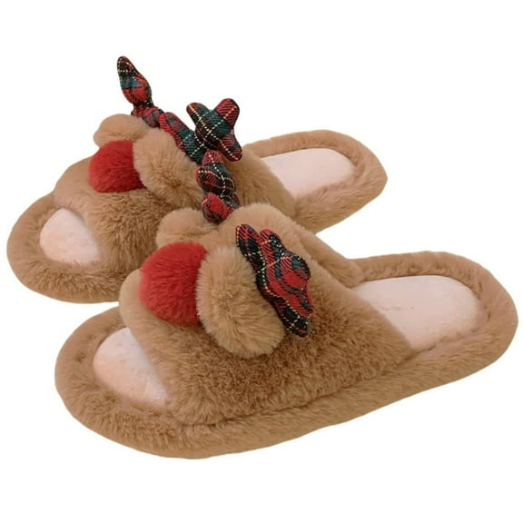 Christmas Reindeer Fuzzy Slippers for Women Cute Warm House Slippers Plush Animal Bedroom Indoor Shoes