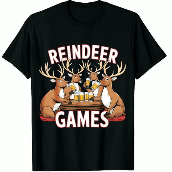 Christmas Reindeer Games Black Drinking Beer Holiday Party Fun Design Funny Graphic T-Shirt for Men and Women