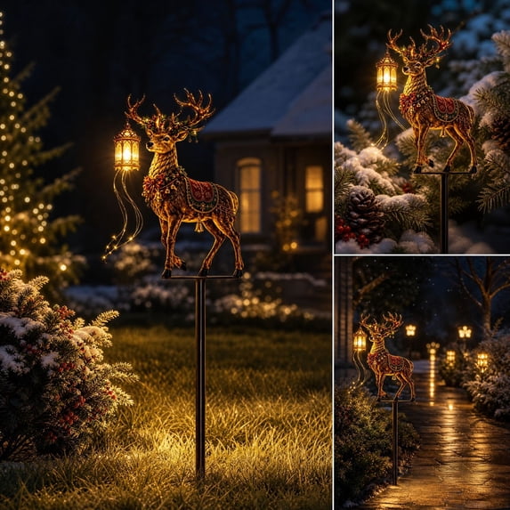72 Inch Display Christmas Reindeer Garden Stake Light, Golden Deer with Hanging Warm ...
