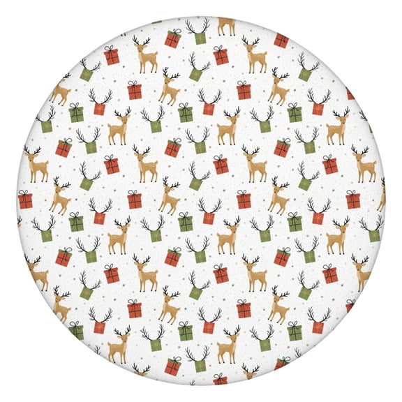 Christmas Reindeer Gift Antler White Pattern Round Elastic Tablecloth, 36-44 Inch Waterproof, Machine Washable, Indoor & Outdoor Use