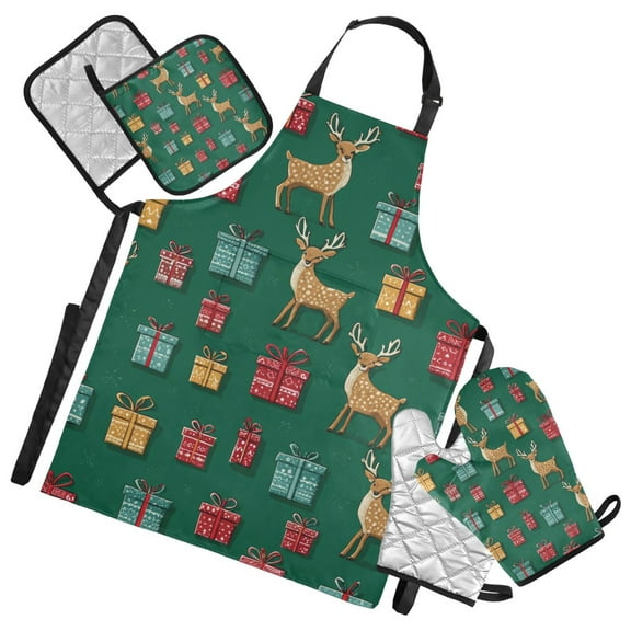 Christmas Reindeer Gift Vector Apron Set with Oven Mitts Pot Holders Set of 5 Kitchen Stuff Accessories
