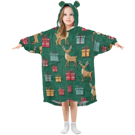 Christmas Reindeer Gift Vector Flannel Wearable Blankets Hooded Design Long Sleeves Wrap Unisex for 3T-14Y S