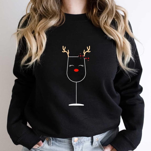Christmas Reindeer Head Funny Reindeer Wine Holiday Graphic SW4999 Unisex Sweatshirt, Up to Size 5XL