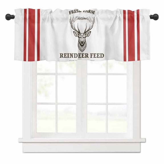 Christmas Reindeer Head Valances for Windows Red Striped Farm Animal Winter Rod Pocket Curtain Valance Window Treatment Short Curtains for Kitchen Living Room, 58"x16"