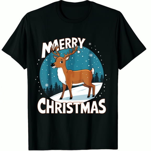 Christmas Reindeer Holiday Merry Deer Snow Scene Print Black Graphic T-Shirt for Men and Women