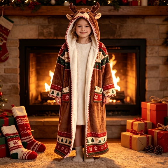 Christmas Reindeer Hooded Robe, Cozy Long Plush Wearable Blanket with Antler Hood, Soft Sherpa Lining And Nordic Snowflake Pattern, Warm Christmas Cosplay Outfit for Winter Lounge Holiday Parties