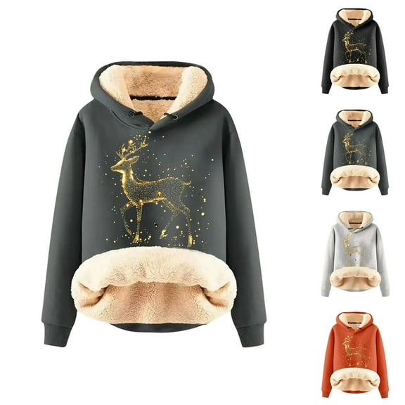 Christmas Reindeer Hoodies for Women 2025 Long Sleeve Thick Heavyweight Hooded Sweatshirt Pullover Tops