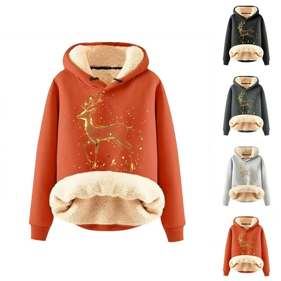 Christmas Reindeer Hoodies for Women 2025 Long Sleeve Thick Heavyweight Hooded Sweatshirt Pullover Tops