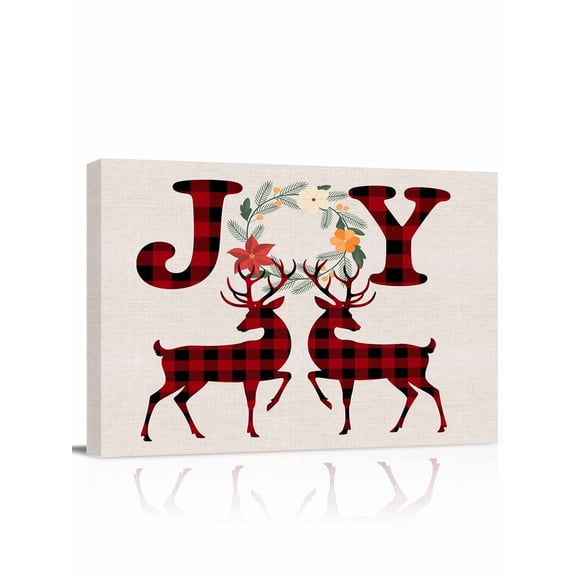 Christmas Reindeer Joy Canvas Print Wall Art Flower Wreath Plaid Vintage Linen Pictures Painting Morden Artwork for Living Room Bedroom, Ready to Hang - 12"x16"