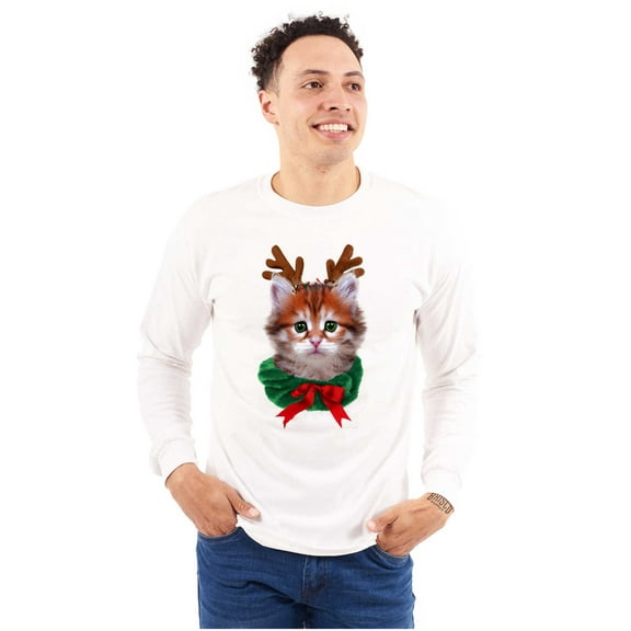 Christmas Reindeer Kitten Adorable Long Sleeve TShirt Men Women Brisco Brands S