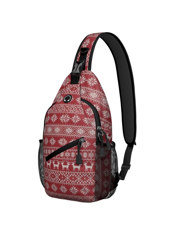 Christmas Reindeer Knit Strip Pattern Sling Backpack, Unisex Hiking Chest Pack with Side Mesh Pockets, Breathable Padded Back Gift Ideas for Hiking Cycling Walking