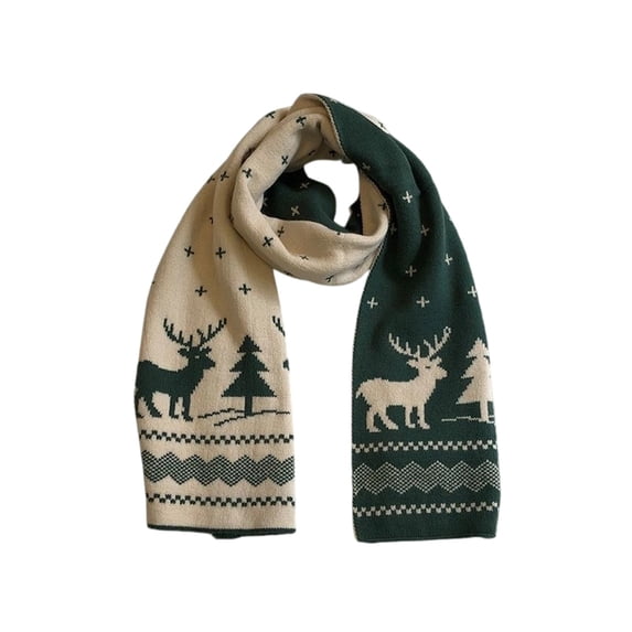 Christmas Reindeer Knitted Scarf, Warm Neck Warmer with Pine Tree Patterns, Red, Green, and Black Colors for Winter