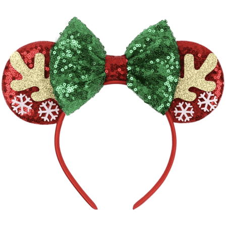Christmas Reindeer Mickey Ears, Green Ear headband, Holiday Mickey Ears, Christmas Minnie Ears, Green Minnie Ears, Red Sequin Ears