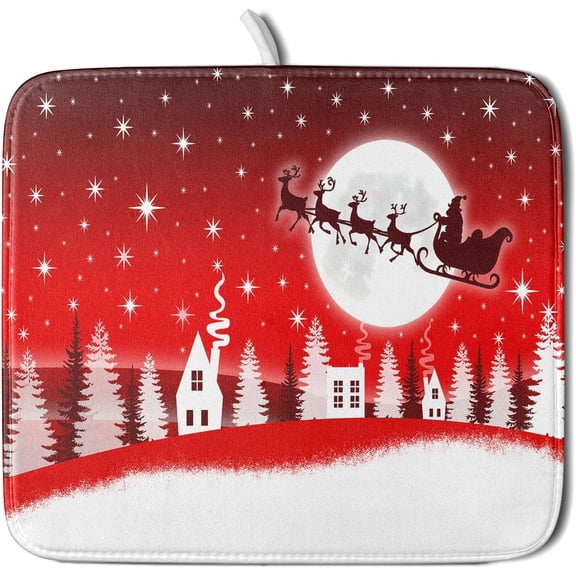 Christmas Reindeer Moon Star Red Dish Drying Mat for Kitchen Counter,White Xmas Tree Castle Drying Mat 16 x 18 Inch with Absorbent Reversible Microfiber Dish Drying Pad for Coffee Bar