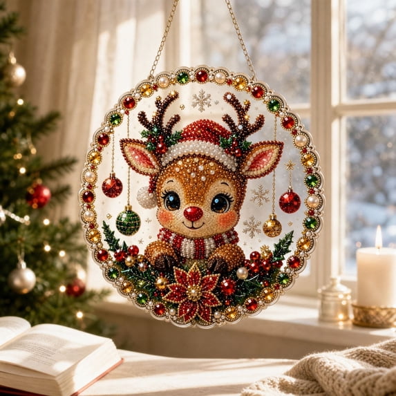 Christmas Reindeer Pearl Diamond Art Suncatcher Kit,Diy Rhinestone Adiy Rhinestone Painting Beginner Craft,Xmas Hanging Ornament for Wall Tree Window