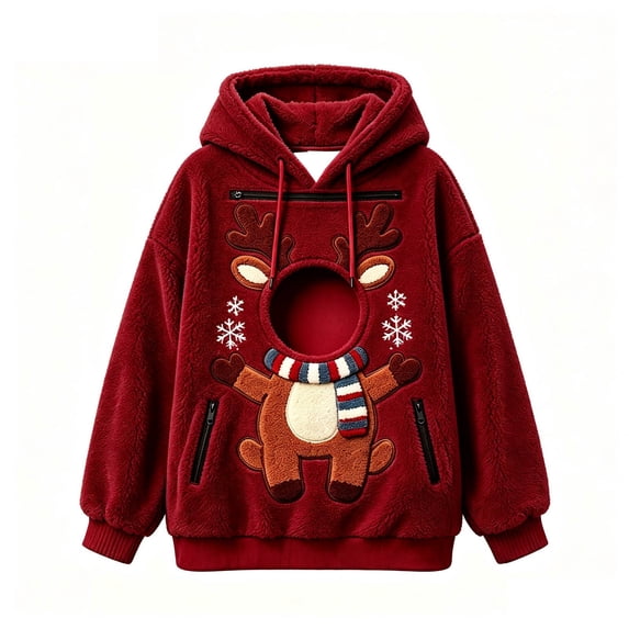 Christmas Reindeer Pet Carrier Hoodie, Teddy Dog Pocket Sweatshirt with Head Window for Women