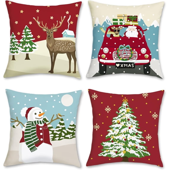 Christmas Reindeer Pillow Covers 18 x 18 Inch Santa Claus Snowman Xmas Tree Decorative Pillows for Sofa Couch Winter Holiday Decor Set of 4