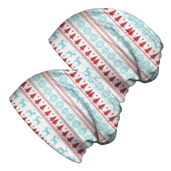 Christmas Reindeer Pine Knit Pattern 2 Pack Slouchy Beanie Hat, Sleep Head Cover with Stretchy Fabric & Soft Texture, Lightweight Flexible Gifts for Birthday Christmas Thanksgiving