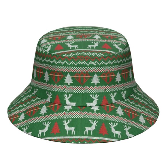 Christmas Reindeer Pine Knit Pattern Bucket Hat, Travel Foldable Hat with Wide Brim & Breathable Fabric, Polyester Twill Gifts for Birthday Christmas Thanksgiving