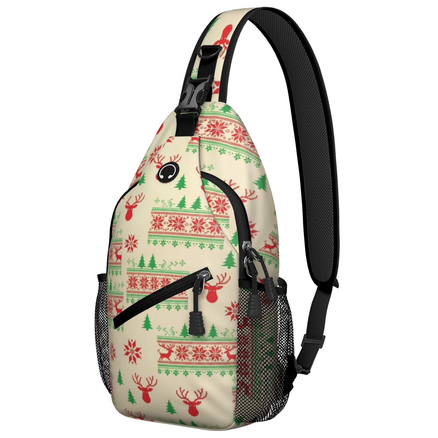 Christmas Reindeer Pine Knit Strip Pattern Sling Backpack, Unisex ...