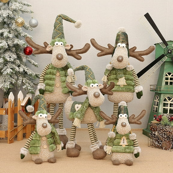 Christmas Reindeer Plush Toy with Retractable Legs Handmade Long-Legged Cartoon Elk Plush Doll Xmas Holiday Party Decoration Ornament