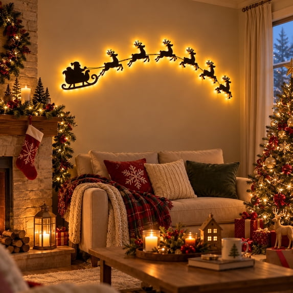 Christmas Reindeer Press On Illuminated Wooden Wall Decor Light, Santa Sleigh Reindeer Silhouette With Remote Control, 59.06in Christmas Wall Hanging Ornament for Home Xmas Party Decorations